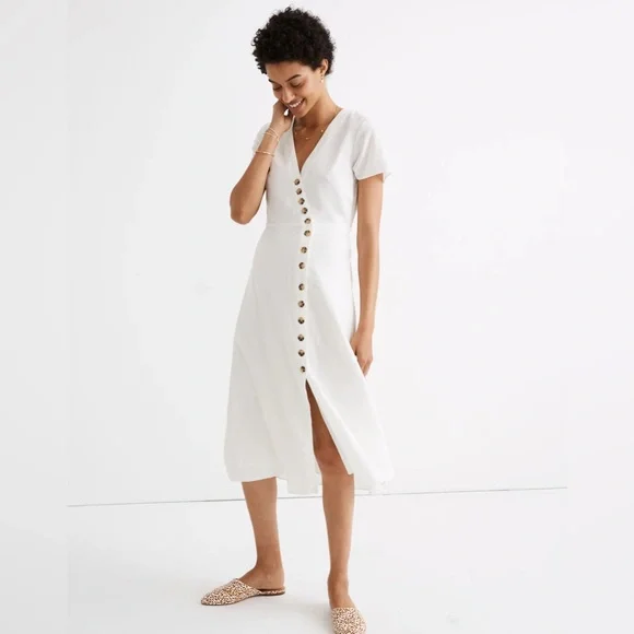 Madewell Linen-Blend Button-Wrap Midi Dress - Lighthouse (6) - Picture 1 of 8